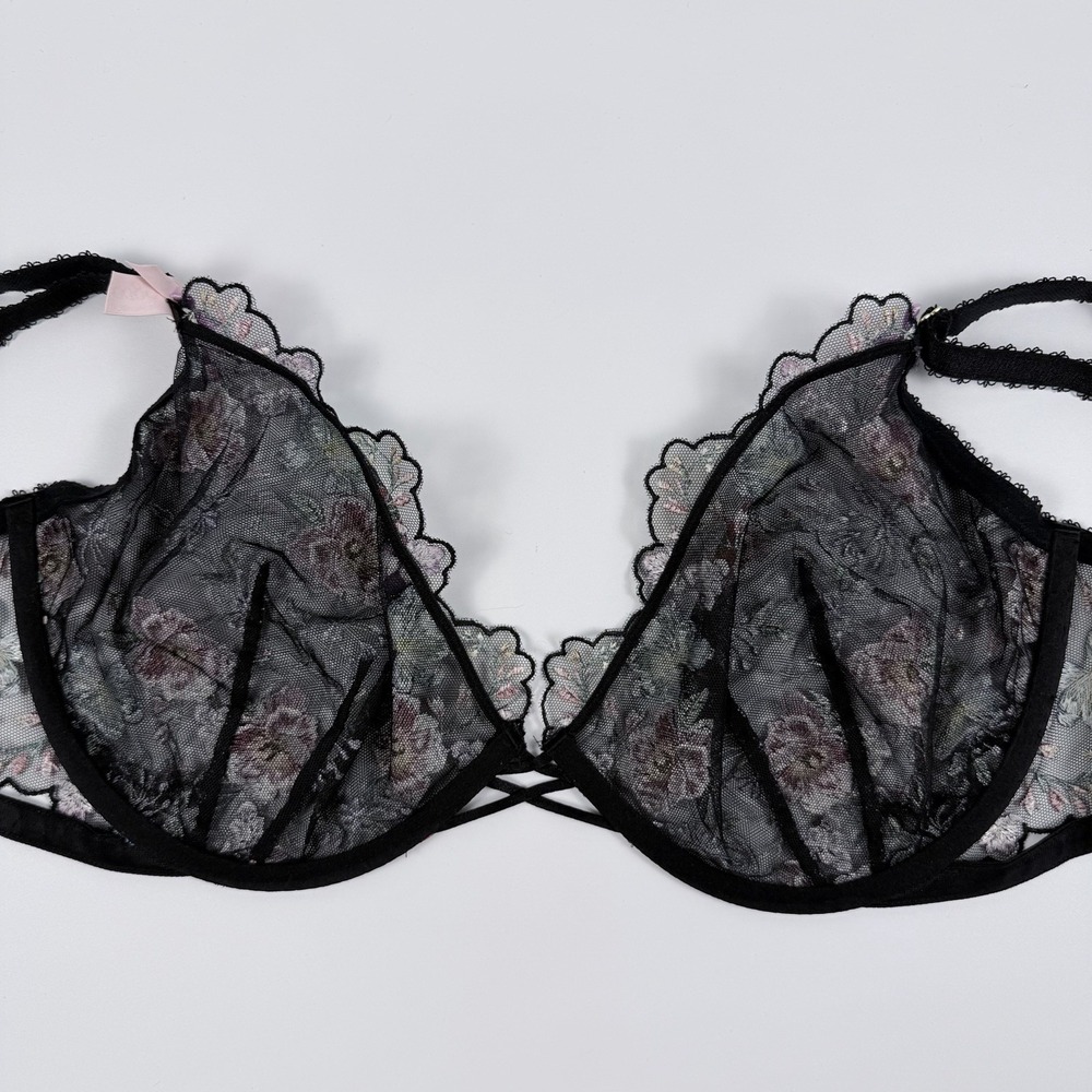 Victoria's Secret Very Sexy Low Cut Demi Bra Black Mesh Floral 38DDD NWT - Picture 2 of 6